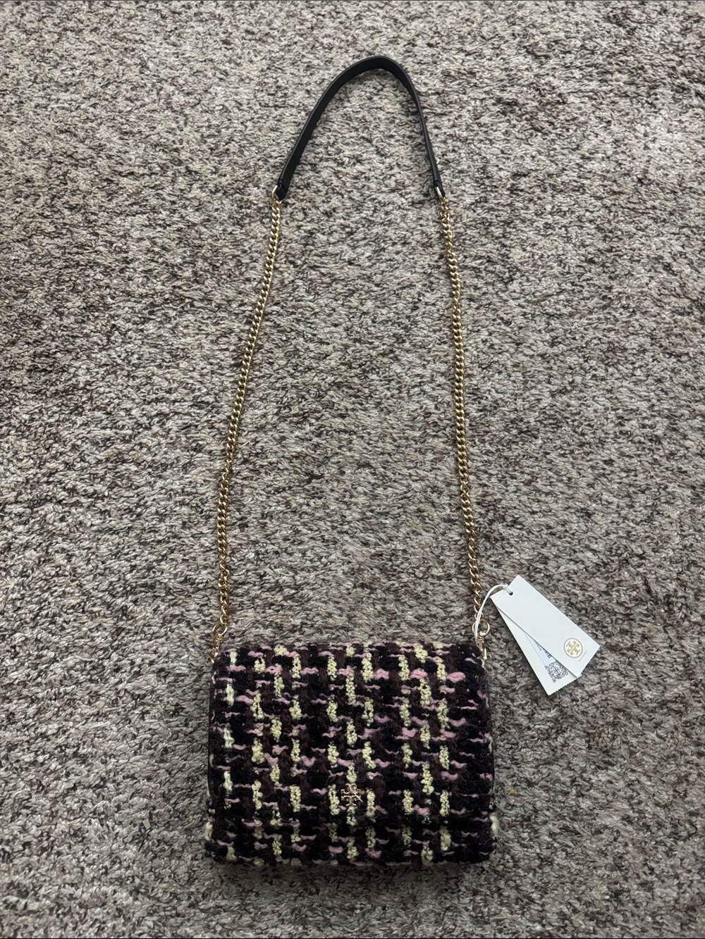 NWT Tory Burch Pink, Black & Sage Tweed Chain Crossbody